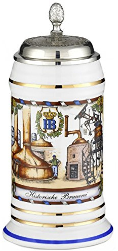 HB Hofbräuhaus München German Beer Stein Munich Hofbräuhaus München HB Brewhouse from Different Periods, with Flat HB Logo Pewter lid 0.5 Liter tankard, Beer Mug King Werk KI 1000070