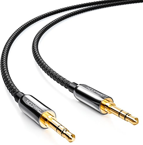 deleyCON 1,5m Câble Audio Stéréo avec Gaine en Nylon - Jack 3,5mm AUX Mâle vers 3,5mm Mâle - Contacts Plaqués or - Noir