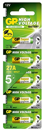 GP 27A 12V Batterie Alkaline (A27, MN27, V27A), Spezial-Batterie 12 Volt für Kfz-Zentralverriegelungen, Garagentoröffner etc., 5 Stück Batterie 27a 12v (einzeln entnehmbar)