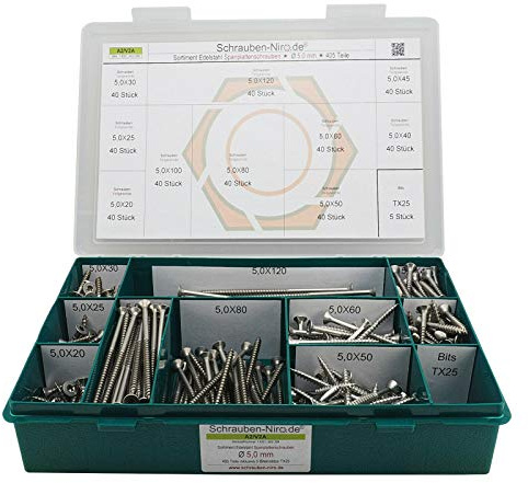 Sortiment Edelstahl A2 Schrauben, Durchmesser 5,0 mm, 405 Teile; Holzschrauben/Spanplattenschrauben mit verstärktem Kopf; Material VA V2A