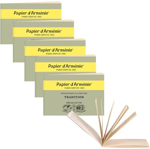 Papier d'Armenie - Dreifach - 5 Notizbücher mit duftenden Papierstreifen in A6, Klassisch, cremefarben, 36 Streifen pro Notizbuch