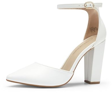 DREAM PAIRS Women's Coco High Heels Chunky Block Pumps Pointed Closed Toe Ankle Strap Dress Shoes,Size 7,White/Pu,Coco