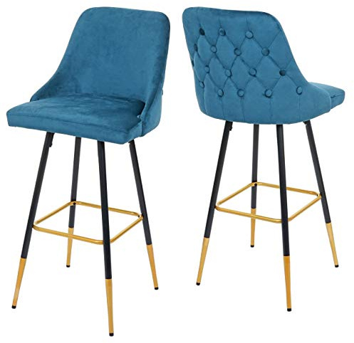 Mendler 2er-Set Barhocker HWC-E70 Retro Design Samt - Petrol-blau | Barstuhl, Tresenhocker, Retro, Design, goldene Streben/Füße