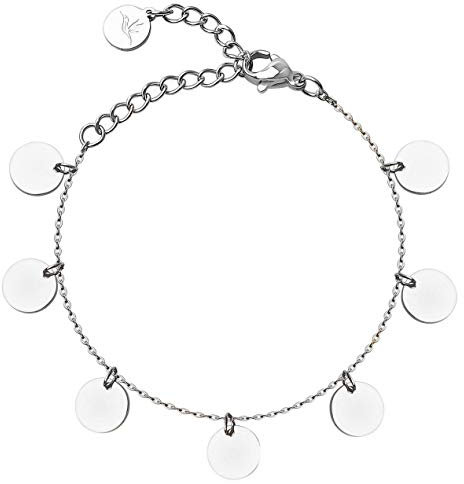 BONNYBIRD® Boho Armband Plättchen Silber Edelstahl Damen Coin Armkette Damenarmband Wasserfest Schmuck Frauen Layering Festival Sommer Chirurgenstahl Hypoallergen Accessoires Silberschmuck