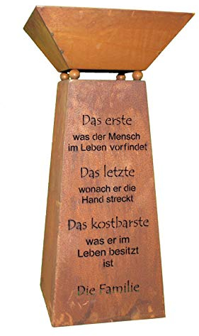 Rostikal Colonne en métal avec bac à plantes en patine pour décoration de jardin Colonne avec inscription en allemand « famille » Hauteur 72 cm