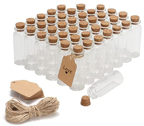 40 mini bottiglie di vetro da 20 ml con tappo in sughero, decorazioni fai da te, piccoli barattoli di vetro, mini fiale in sughero, bottiglie di messaggi con etichette e cordino, per artigianato,