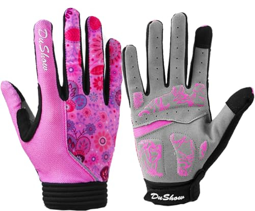 DuShow Radsport Handschuhe Damen Vollfinger Rosa Blumen Touchscreen Fahrradhandschuhe Damen Fahrradhandschuhe Gel Gepolsterte Fahrrad Lange Handschuhe Mountainbike Reiten Gym Sport Handschuhe Rosa S