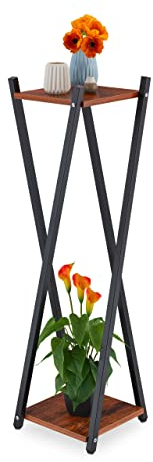 Relaxdays Blumenständer, 2 Etagen in Holzoptik, Metall/MDF, moderner Blumenhocker, HBT: 99x29x29 cm, schwarz/Dunkelbraun
