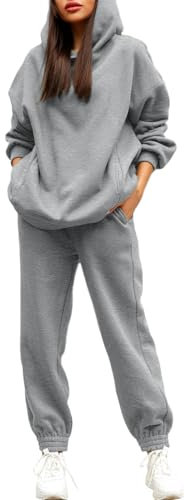 Viottiset Damen Hoodies Trainingsanzug Langarm Sweatshirts Jogger 2-Teilige Outfits Lässiger Sweatsuit Kapuze Grau M