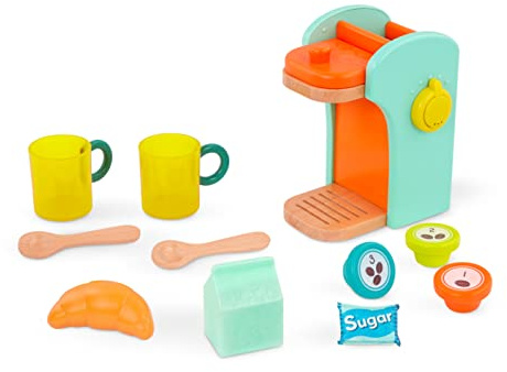 B. toys Café au Play, cafetière en Bois avec 10 Accessoires ludiques | Comprend 11 pièces au total : cafetière, 2 tasses, 2 cuillères, 3 dosettes, lait, sucre et croissant, 2 ans et +
