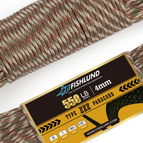 Cuerda de paracaídas FISHLUND de 550 lb, 7 hebras tipo III, 100 pies, 4 mm, nailon para acampar, Camuflaje forestal