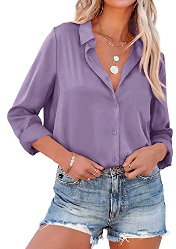 NONSAR Elegante blusa de satén y mangas largas para mujer, camisa con cuello en V, blusa de oficina de estilo casual, Violett, S