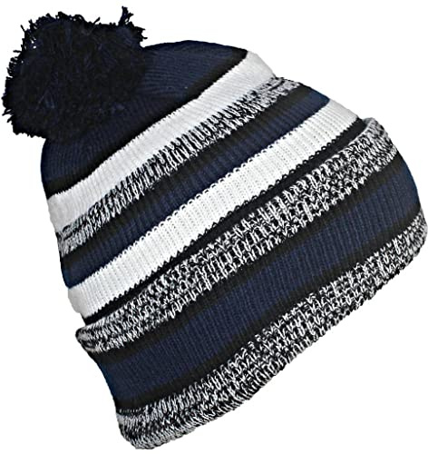 Best Winter Hats Quality Striped Variegated Cuffed Beanie W/Large Pom (L/XL) - Black/Navy