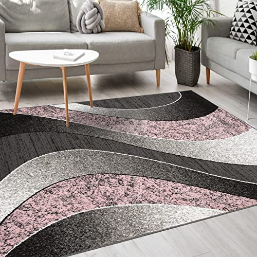 Mazovia Teppich Wohnzimmer 160x220cm Anthrazit Rosa Geometrisch 90er-Retro | Teppich für Schlafzimmer Büro Esszimmer Weich Pflegeleicht Fußbodenheizungsgeeignet Reinigungsmittelbeständig Kurzflor