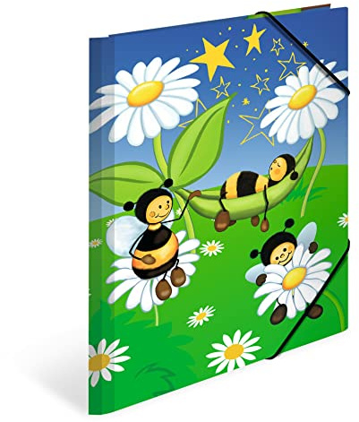 HERMA Folder A4 Bee Set, 3 Pieces, Corner Folder Made of Cardboard with Nursery Motif, Elastic Band, Inner Flaps and Inner Print for Boys, Girls and Children