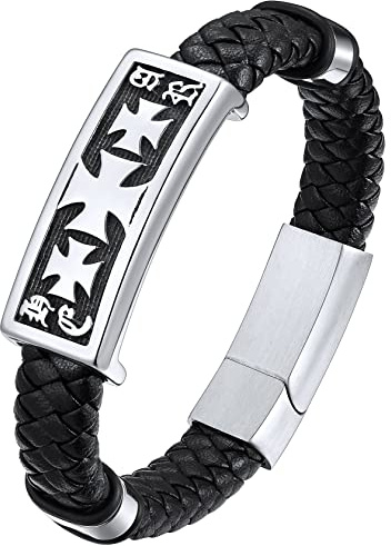 ChainsHouse Bracelet Cuir Homme 19/21/23 cm Etoile de David/Templiers Croix/Crane Tete de Mort Acier/Noir Gourmette Garcon Amulette de Protection Fermoir Magnétique Cadeau Copain Petit Ami Jeune