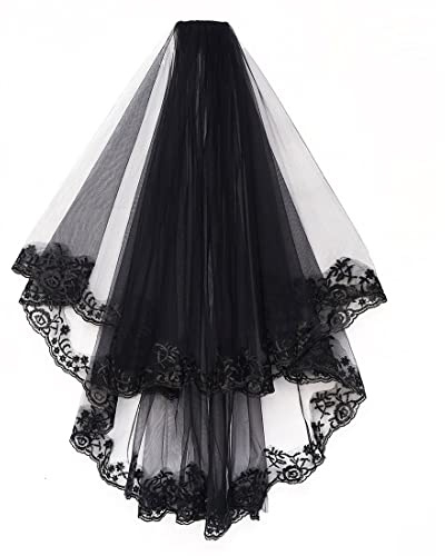 JUSTUSNX Schwarz Spitze Brautschleier 2 Ebenen Gothic Brautschleier Halloween Party Schleier mit Kamm Schleier Cosplay Zubehör für Frauen Mädchen, Schwarz , 80 cm x 60 cm