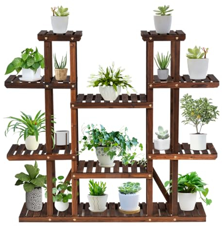 Scaffale Verticale per Piante con 6 Ripiani, Supporto Multifunzionale per Piante, Libri, Decorazioni, Portafiori da Terra in Legno da Esterni e Interni da Balcone, Giardino, 125 x 25 x 114 cm