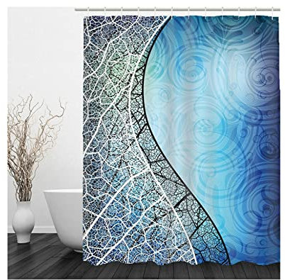 Whoiy Duschvorhang Blattmuster, Duschrollo Um Die Ecke 180X180cm Polyester Duschvorhänge Hohlblattader Himmelblau für Outdoor Hotel