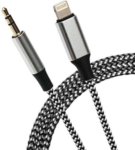 Maplin Lightning to 3.5mm Aux Stereo 3 Pole Jack Plug Braided Cable, 1m Silver