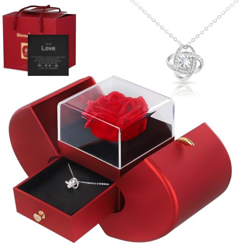 Eternal Flowers Rose with Necklace Apple Gift Box, Real Rose that Never Wither with Four-leaf Clover Eternal Heart Necklace,Romantic Gifts for her on Anniversaries,Birthday Valentine's Day (Red)