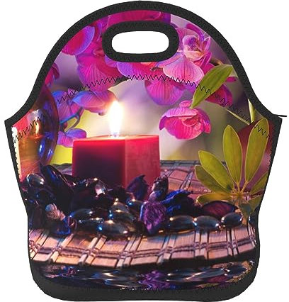 Neoprene Lunch Bags Flowers In Fountain Massage Stones And Bamboo Printed Insulated Lunch Tote Bag Reusable Thermal Cooler Lunch Container Box For Work Travel Picnic