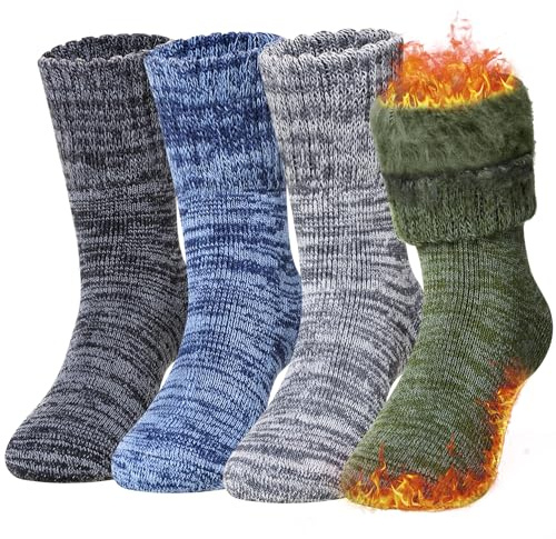 Eocom Kids Warm Thermal Socks for Toddler Boy Girls Winter Ski Thick Insulated Heated Boot Socks for Extreme Cold Weather 4 Pairs(Black/Grey/Green/Blue, 8-12 Years)