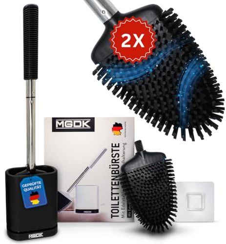 MGDK KLOBÜRSTE SILIKON - Toilettenbürste mit Wandhalterung - GRATIS Bürstenkopf - WC Bürste Schwarz & Klebepad für Wandmontage - ohne Bohren - Schnelltrocknung - Hygienische & Modern