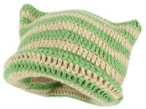 Cat Ear Beanie Wintermützen Mit Katzenohren Beanies Gestreifte Wintermütze Kopfbedeckung Strickmütze Elastische Mütze Vintage Beanies Y2k Gothic Accessoires Trendy Winter Warm