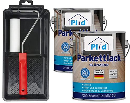 Plid® Set Vitrificateur Parquet + Rouleau - Vernis Bois Incolore brillant - 5L, Haute Résistance Chocs et Rayures, Pour Environ 60m², Protection Bois Intérieur, Parquet Meuble Escaliers