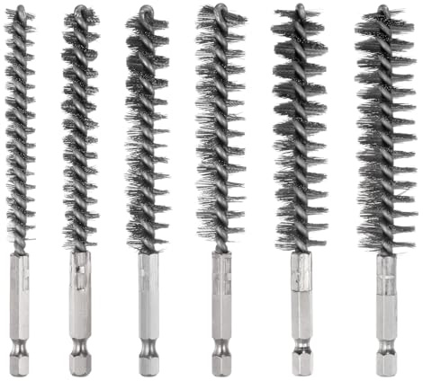 sourcing map 6Pcs Bore Brush Stainless Steel 9mm,11mm,13mm,16mm,17mm,19mm Dia Cleaning Twisted Wire Brush Tube Pipe Cleaner with Handle 1/4 Inch Hex Shank for Tubes, Ports, Bearings