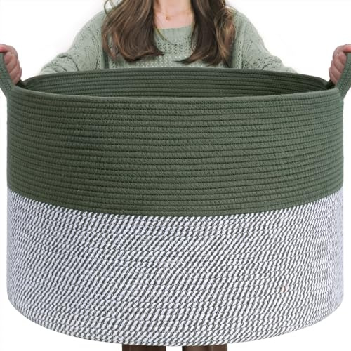 TIMEYARD Aufbewahrungskorb aus Baumwollseil, 55 × 35 cm, Olivgrün | Für Spielzeug, Wäsche und Decken Ideal fürs Kinderzimmer Weiches Baumwollseil Formstabil