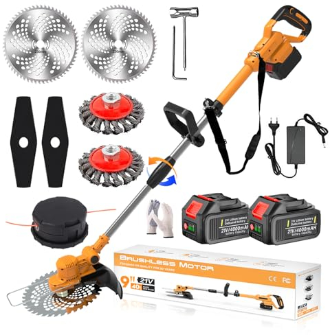 Decespugliatore a batteria 21V, Tagliaerba a Batteria Brushless con 2 Batterie 4,0Ah e Spazzola per Erbacce 4 in 1 Decespugliatore Elettrico, Tubo Telescopico, Testa Girevole 90°, Orange