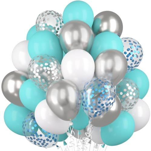 Luftballons Türkis Weiß Silber, 60 Stück Tiffany Blau Ballons, Metallic Silber Helium Ballon, Silber Konfetti Ballon, Matt Weiß Latex Ballons für Kinder Geburtstag Hochzeit Babyparty Party Kommunion