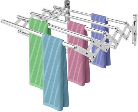 GBACHOOSE Wäscheständer Wandmontage, 42-80cm Wäscheständer Wand Ausziehbar Klappbar, Tragkraft 100 kg Wäschetrockner Ausziehbar mit 7 Stangen,Superstarke Tragfähigkeit für Bad Balkon Wäschekammer