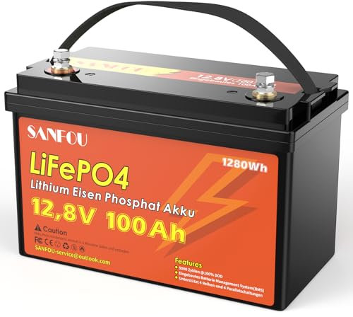 SANFOU Batería LiFePO4 12V 100Ah, Batería Litio 1280Wh con BMS 100A, 5000-15000 veces, Baterías de Coche, Soporte 4S4P, Perfecta como fuente de energía para Autocaravanas