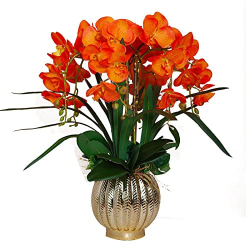 CWCQGH Artificial Flower with Pot Orchid Artificial Flower and Ceramics Vase Silk Phalaenopsis Orchids Flower Glass Bottle Set for Wedding Party Dining Table Decor Orchid