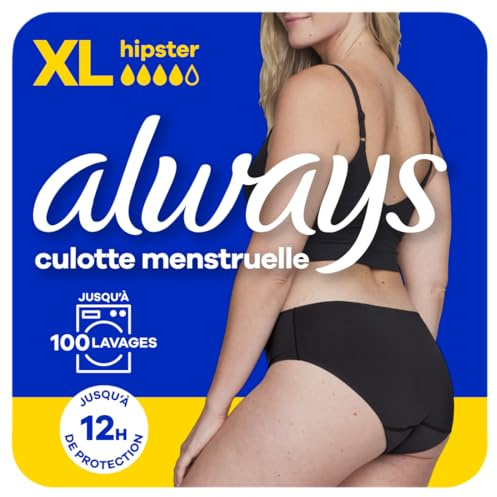 Always – Braga Menstrual Hipster Lavable, XL, 44-46, 1 ropa interior para reglas, negro, flujo medio a abundante, reutilizable hasta 100 lavados, hasta 12 horas de protección, comodidad durante todo