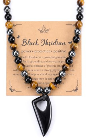 PiercingJak Herren Halskette Obsidian Wolfszahn Kristall Spitzer Anhänger mit 8mm Tigerauge Hämatit Edelsteine Perlen Kette Kristallkette Heilsteine Schmuck Amulett Geschenk für Männer