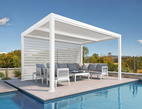PURPLE LEAF Pergola Bioclimática 4,24 x 3 m Pergola aluminio con persianas enrollables Cenador de jardín al aire libre cuchillas orientables pérgola jardín exterior, 1 lado corto, blanco