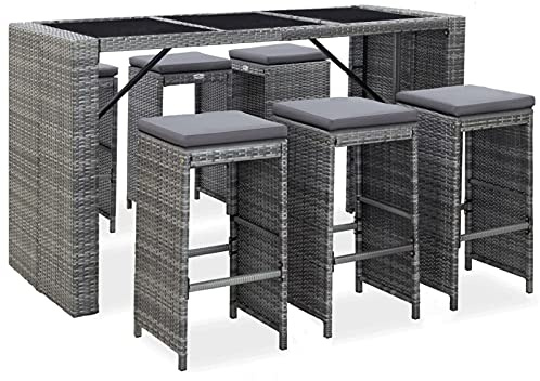 Sufrk 7-TLG. Gartenbar-Set mit Auflagen Poly Rattan Grau Bartisch Mit Barhocker Set Bartisch Mit StüHlen Bar Theke Tresen