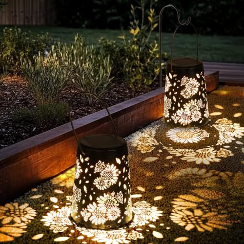 Ketom 2 Pièces Lanterne Solaire Exterieur Jardin, Lanterne Énergie Solaire, IP65 Étanche Lampes Solaires en Métal, Suspendre/Poser, pour Balcon Patio Terrasse Pelouse Camping, Motif Tournesol, Noir