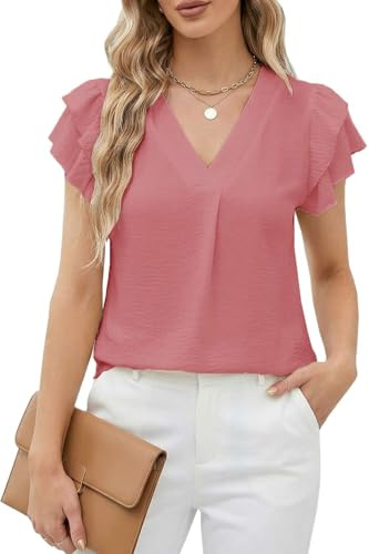 Teesho Camicetta da donna a maniche corte, elegante, estiva, con volant, colletto alto, da lavoro, a tunica, a maniche corte, A1-rosa., M