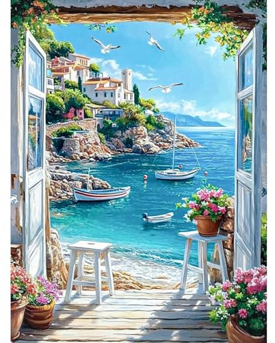 KEYIFA Mer Porte Peinture par Numéros pour Adulte, Paysage Kits de Peinture au Numéro avec Acrylique, DIY Fleurs Creatif Toile Paint by Numbers Kits, Décoration de Maison 30x40cm