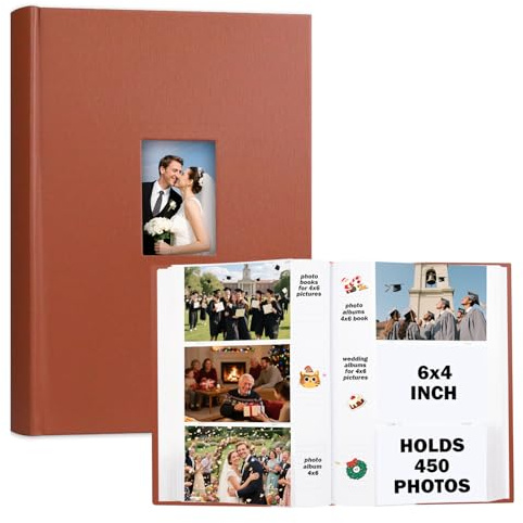 Ruibytree Photo Album 4x6 450 Photos with Writing Space,PU Leather Cover with Front Window Picture Album,4 x 6 Photo Book for Wedding Kids Travel Family Baby Vacation Couple (Brown)