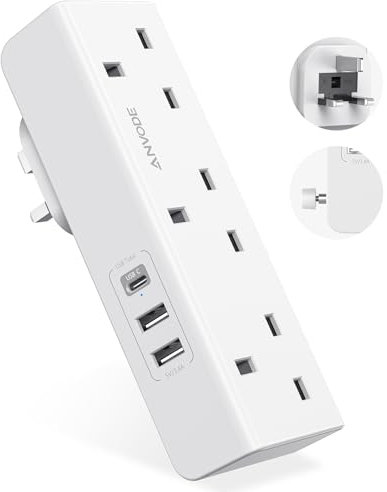Multi Plug Extension with USB C Slot, 3 Way Plug Wall Charger Socket, Multi Outlets Extender Adapter UK for School, Home, Kitchen, Office (White)