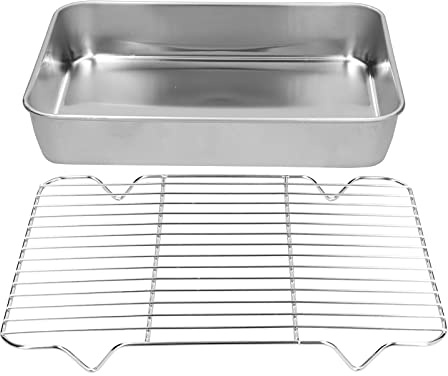 Stainless Steel Baking pan and Rack Set, no Chemical Coating, Suitable for Cooking and Baking. Rectangular Baking pan with Rack Included, Easy to Clean.