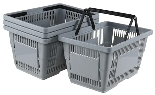 Neadas 4 Packs Plastic Grocery Basket with Handle, 28 L Plastic Shopping Basket, Grey