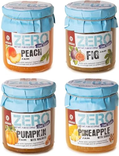 Sélection de confitures sans sucre ajouté – Pack de 4 x 280 g – Figue, Pêche, Ananas au gingembre, Potiron aux noix – Sucrées naturellement.