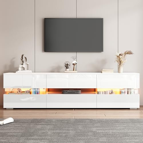 Mueble de TV moderno blanco brillante con iluminación LED, 2 puertas, 1 cajón, compartimento abierto, apto para televisores de 70 pulgadas, con inserto de cristal acrílico y apertura a presión